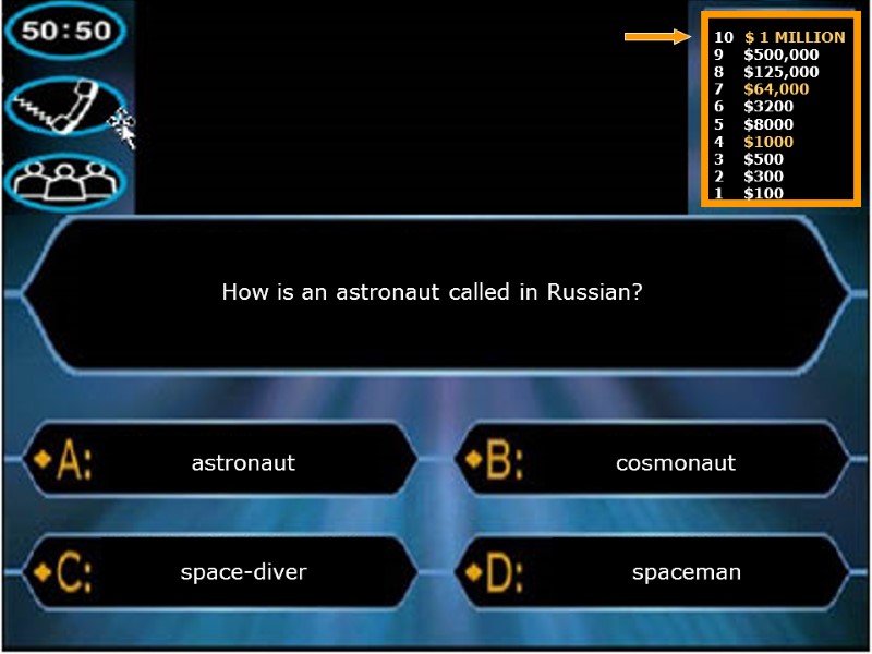 How is an astronaut called in Russian? astronaut spaceman cosmonaut  space-diver  10